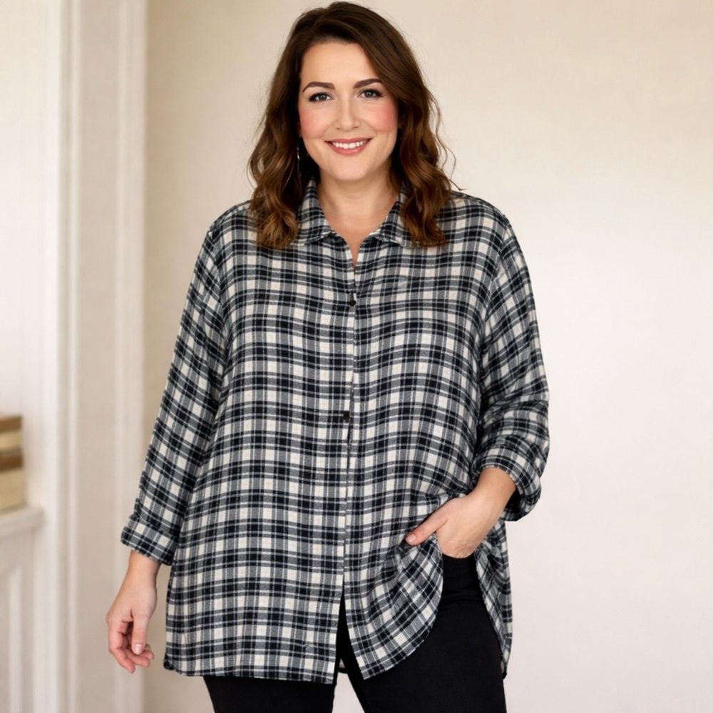 Ulla Popken Black White Plaid Sz 16/18 Casual Chic Oversized Zip Front Tunic Top